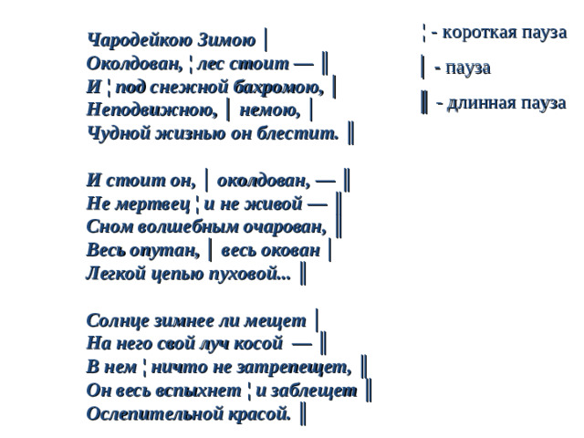 ¦ - короткая пауза   │ - пауза   ║ - длинная пауза  Чародейкою Зимою │  Околдован, ¦ лес стоит — ║  И ¦ под снежной бахромою, │ Неподвижною, │ немою, │  Чудной жизнью он блестит. ║   И стоит он, │ околдован, — ║  Не мертвец ¦ и не живой — ║  Сном волшебным очарован, ║ Весь опутан, │ весь окован │  Легкой цепью пуховой... ║   Солнце зимнее ли мещет │  На него свой луч косой — ║  В нем ¦ ничто не затрепещет, ║  Он весь вспыхнет ¦ и заблещет ║  Ослепительной красой. ║