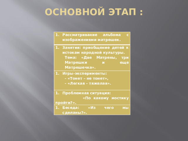 ОСНОВНОЙ ЭТАП :   Рассматривание альбома с изображениями матрешек. Занятия: приобщение детей к истокам народной культуры. Тема: «Две Матрены, три Матрешки и еще Матрешечка». Игры-эксперименты: - «Тонет – не тонет», Проблемная ситуация: - «Легкая – тяжелая».  «По какому мостику пройти?».