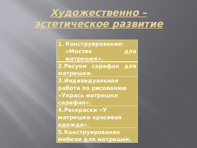 Художественно – эстетическое развитие Конструирование: «Мостик для матрешек». 2.Рисуем сарафан для матрешки. 3.Индивидуальная работа по рисованию «Укрась матрешке сарафан». 4.Раскраски «У матрешки красивая одежда». 5.Конструирование мебели для матрешек.