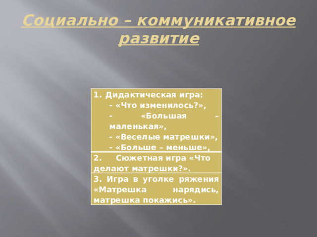 Социально – коммуникативное развитие Дидактическая игра: - «Что изменилось?», 2. Сюжетная игра «Что делают матрешки?». - «Большая – маленькая», 3. Игра в уголке ряжения «Матрешка нарядись, матрешка покажись». - «Веселые матрешки», - «Больше – меньше»,