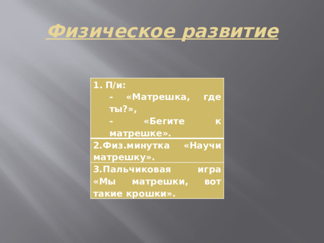 Физическое развитие П/и: - «Матрешка, где ты?», 2.Физ.минутка «Научи матрешку». - «Бегите к матрешке». 3.Пальчиковая игра «Мы матрешки, вот такие крошки».