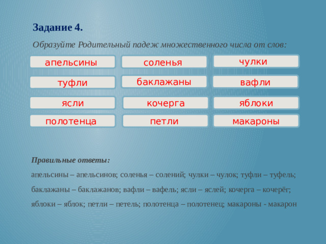 Задание 4. Образуйте Родительный падеж множественного числа от слов: чулки апельсины соленья баклажаны вафли туфли кочерга ясли яблоки петли полотенца макароны Правильные ответы: апельсины – апельсинов; соленья – солений; чулки – чулок; туфли – туфель; баклажаны – баклажанов; вафли – вафель; ясли – яслей; кочерга – кочерёг; яблоки – яблок; петли – петель; полотенца – полотенец; макароны - макарон