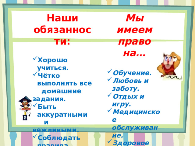 Наши обязанности: Мы имеем право на…   Хорошо учиться. Чётко выполнять все Обучение. Любовь и заботу. Отдых и игру. Медицинское обслуживание. Здоровое питание. Равноправие со взрослыми. Выражение своих взглядов.  домашние задания. Быть аккуратными  и вежливыми. Соблюдать правила  поведения в школе  и общественных местах.