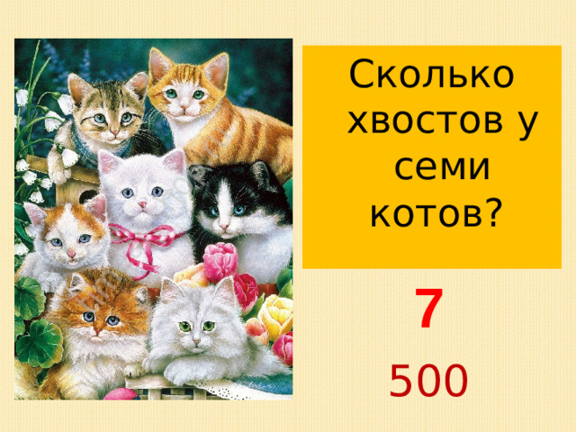 Сколько хвостов у семи котов?   7 500