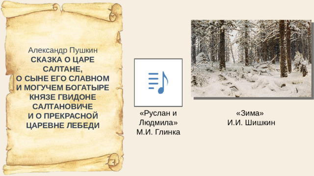 Александр Пушкин СКАЗКА О ЦАРЕ САЛТАНЕ,  О СЫНЕ ЕГО СЛАВНОМ И МОГУЧЕМ БОГАТЫРЕ  КНЯЗЕ ГВИДОНЕ САЛТАНОВИЧЕ  И О ПРЕКРАСНОЙ ЦАРЕВНЕ ЛЕБЕДИ «Руслан и Людмила» М.И. Глинка «Зима» И.И. Шишкин