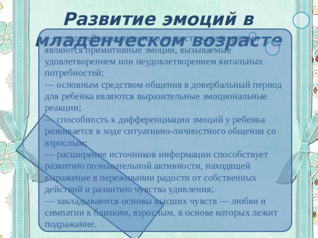 Развитие эмоций в младенческом возрасте — для детей младенческого возраста характерными являются примитивные эмоции, вызываемые удовлетворением или неудовлетворением витальных потребностей; — основным средством общения в довербальный период для ребенка являются выразительные эмоциональные реакции; — способность к дифференциации эмоций у ребенка развивается в ходе ситуативно-личностного общения со взрослым; — расширение источников информации способствует развитию познавательной активности, находящей выражение в переживании радости от собственных действий и развитию чувства удивления; — закладываются основы высших чувств — любви и симпатии к близким, взрослым, в основе которых лежит подражание.