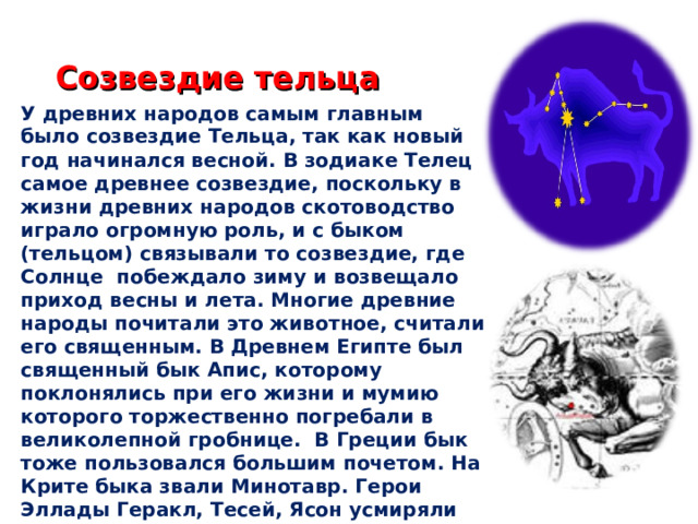 Созвездие тельца У древних народов самым главным было созвездие Тельца, так как новый год начинался весной. В зодиаке Телец самое древнее созвездие, поскольку в жизни древних народов скотоводство играло огромную роль, и с быком (тельцом) связывали то созвездие, где Солнце побеждало зиму и возвещало приход весны и лета. Многие древние народы почитали это животное, считали его священным. В Древнем Египте был священный бык Апис, которому поклонялись при его жизни и мумию которого торжественно погребали в великолепной гробнице. В Греции бык тоже пользовался большим почетом. На Крите быка звали Минотавр. Герои Эллады Геракл, Тесей, Ясон усмиряли быков. Самая яркая звезда в созвездии Тельца носит название Альдебаран ..