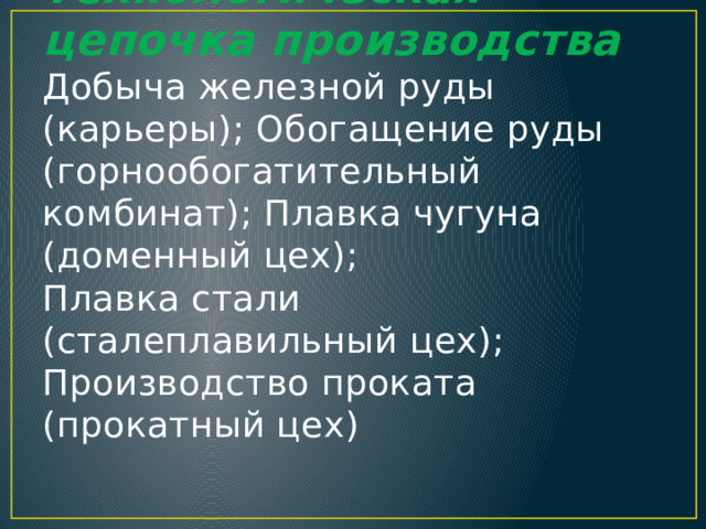 Технологическая цепочка производства  Добыча железной руды (карьеры); Обогащение руды (горнообогатительный комбинат); Плавка чугуна (доменный цех);  Плавка стали (сталеплавильный цех); Производство проката (прокатный цех)