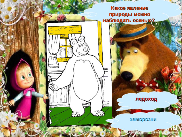 Какое явление природы можно наблюдать осенью?  ледоход заморозки