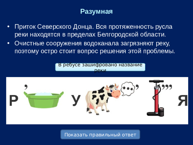 Разумная Приток Северского Донца. Вся протяженность русла реки находятся в пределах Белгородской области. Очистные сооружения водоканала загрязняют реку, поэтому остро стоит вопрос решения этой проблемы. В ребусе зашифровано название реки Показать правильный ответ
