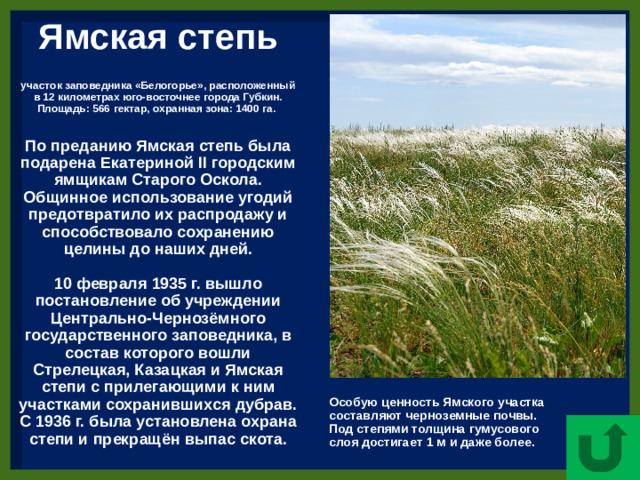 Ямская степь    участок заповедника «Белогорье», расположенный в 12 километрах юго-восточнее города Губкин. Площадь: 566 гектар, охранная зона: 1400 га.    По преданию Ямская степь была подарена Екатериной II городским ямщикам Старого Оскола. Общинное использование угодий предотвратило их распродажу и способствовало сохранению целины до наших дней.   10 февраля 1935 г. вышло постановление об учреждении Центрально-Чернозёмного государственного заповедника, в состав которого вошли Стрелецкая, Казацкая и Ямская степи с прилегающими к ним участками сохранившихся дубрав. С 1936 г. была установлена охрана степи и прекращён выпас скота. Особую ценность Ямского участка составляют черноземные почвы. Под степями толщина гумусового слоя достигает 1 м и даже более.