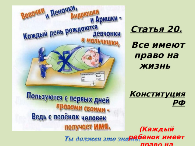 Статья 20.  Все имеют право на жизнь  Конституция РФ  (Каждый ребенок имеет право на жизнь)