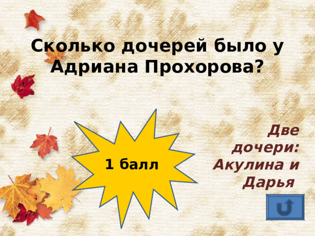 Сколько дочерей было у Адриана Прохорова? Две дочери: Акулина и Дарья 1 балл