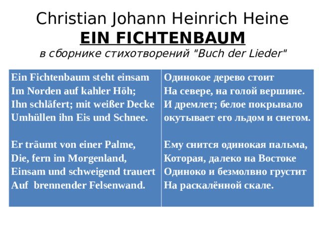 Christian Johann Heinrich Heine EIN FICHTENBAUM в сборнике стихотворений 
