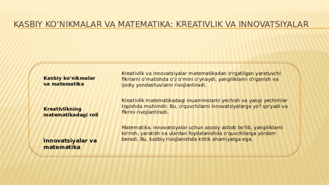 Kasbiy koʻnikmalar va matematika: Kreativlik va innovatsiyalar Kreativlik va innovatsiyalar matematikadan o'rgatilgan yaratuvchi fikrlarni o'rnatishda o'z o'rnini o'ynaydi, yangiliklarni o'rganish va ijodiy yondashuvlarni rivojlantiradi. Kasbiy koʻnikmalar va matematika Kreativlik matematikadagi muammolarni yechish va yangi yechimlar topishda muhimdir. Bu, o'quvchilarni innovatsiyalarga yo'l qo'yadi va fikrini rivojlantiradi. Kreativlikning matematikadagi roli Matematika, innovatsiyalar uchun asosiy asbob bo'lib, yangiliklarni ko'rish, yaratish va ulardan foydalanishda o'quvchilarga yordam beradi. Bu, kasbiy rivojlanishda kritik ahamiyatga ega. Innovatsiyalar va matematika