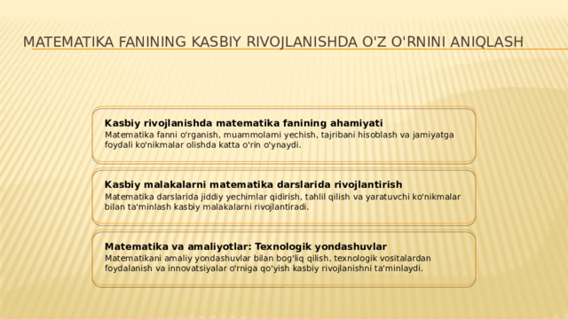 Matematika fanining kasbiy rivojlanishda o'z o'rnini aniqlash Kasbiy rivojlanishda matematika fanining ahamiyati Matematika fanni o'rganish, muammolarni yechish, tajribani hisoblash va jamiyatga foydali ko'nikmalar olishda katta o'rin o'ynaydi. Kasbiy malakalarni matematika darslarida rivojlantirish Matematika darslarida jiddiy yechimlar qidirish, tahlil qilish va yaratuvchi ko'nikmalar bilan ta'minlash kasbiy malakalarni rivojlantiradi. Matematika va amaliyotlar: Texnologik yondashuvlar Matematikani amaliy yondashuvlar bilan bog'liq qilish, texnologik vositalardan foydalanish va innovatsiyalar o'rniga qo'yish kasbiy rivojlanishni ta'minlaydi.