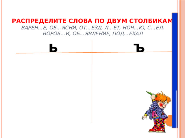 Распределите слова по двум столбикам  Варен…е, об…ясни, от…езд, л…ёт, ноч…ю, с…ел, вороб…и, об…явление, под…ехал   ь ъ