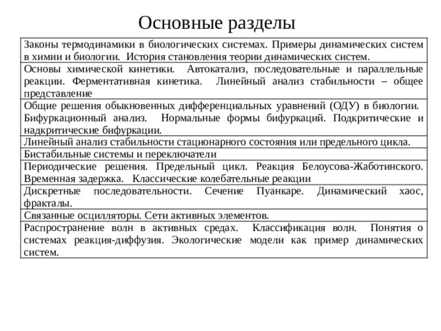 Основные разделы Законы термодинамики в биологических системах. Примеры динамических систем в химии и биологии. История становления теории динамических систем. Основы химической кинетики. Автокатализ, последовательные и параллельные реакции. Ферментативная кинетика. Линейный анализ стабильности – общее представление Общие решения обыкновенных дифференциальных уравнений (ОДУ) в биологии. Бифуркационный анализ. Нормальные формы бифуркаций. Подкритические и надкритические бифуркации. Линейный анализ стабильности стационарного состояния или предельного цикла. Бистабильные системы и переключатели Периодические решения. Предельный цикл. Реакция Белоусова-Жаботинского. Временная задержка. Классические колебательные реакции Дискретные последовательности. Сечение Пуанкаре. Динамический хаос, фракталы. Связанные осцилляторы. Сети активных элементов. Распространение волн в активных средах. Классификация волн. Понятия о системах реакция-диффузия. Экологические модели как пример динамических систем.