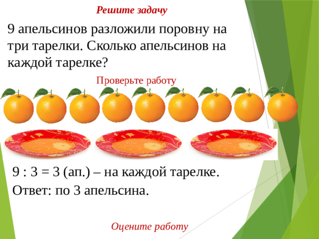 Решите задачу 9 апельсинов разложили поровну на три тарелки. Сколько апельсинов на каждой тарелке? Проверьте работу Запишите решение, ответ 9 : 3 = 3 (ап.) – на каждой тарелке. Ответ: по 3 апельсина. Оцените работу