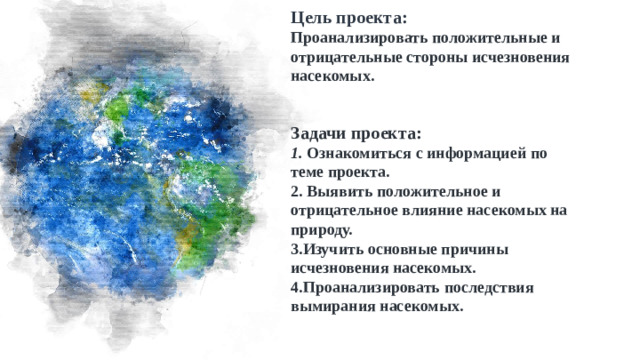 Цель проекта:  Проанализировать положительные и отрицательные стороны исчезновения насекомых.    Задачи проекта:  1. Ознакомиться с информацией по  теме проекта.  2. Выявить положительное и отрицательное влияние насекомых на природу.  3.Изучить основные причины исчезновения насекомых.  4.Проанализировать последствия вымирания насекомых.