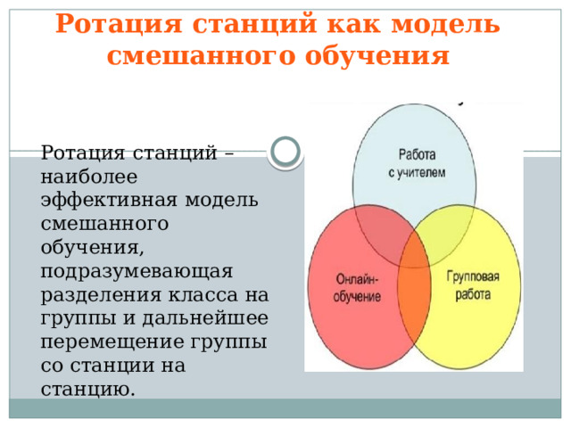 Ротация станций как модель смешанного обучения Ротация станций – наиболее эффективная модель смешанного обучения, подразумевающая разделения класса на группы и дальнейшее перемещение группы со станции на станцию.