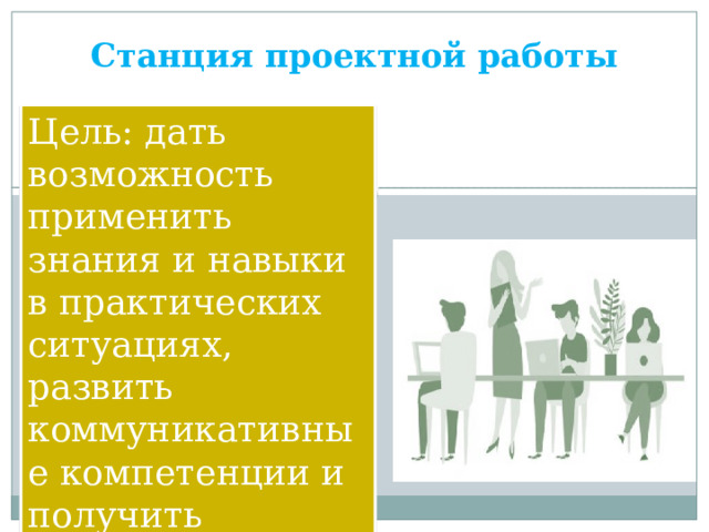 Станция проектной работы Цель: дать возможность применить знания и навыки в практических ситуациях, развить коммуникативные компетенции и получить обратную связь.