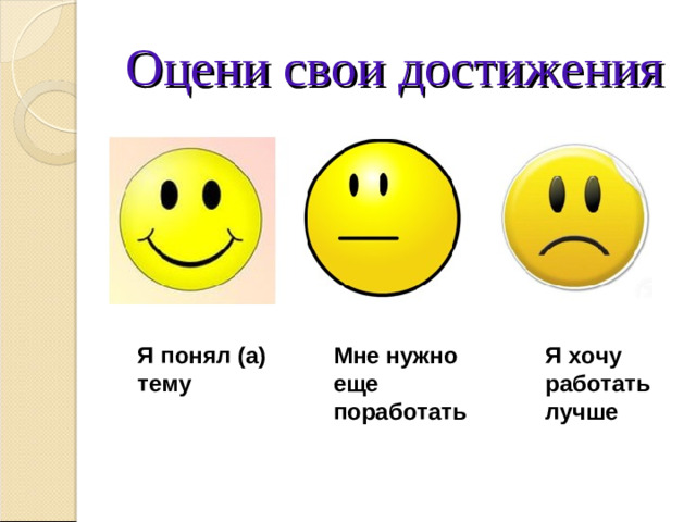 Оцени свои достижения Я понял (а) тему Мне нужно еще поработать Я хочу работать лучше