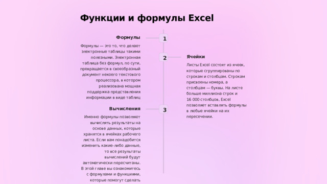 Функции и формулы Excel Формулы 1 Формулы — это то, что делает электронные таблицы такими полезными. Электронная таблица без формул, по сути, превращается в своеобразный документ некоего текстового процессора, в котором реализована мощная поддержка представления информации в виде таблиц Ячейки 2 Листы Excel состоят из ячеек, которые сгруппированы по строкам и столбцам. Строкам присвоены номера, а столбцам — буквы. На листе больше миллиона строк и 16 000 столбцов, Excel позволяет вставлять формулы в любые ячейки на их пересечении. Вычисления 3 Именно формулы позволяют вычислять результаты на основе данных, которые хранятся в ячейках рабочего листа. Если вам понадобится изменить какие-либо данные, то все результаты вычислений будут автоматически пересчитаны. В этой главе вы ознакомитесь с формулами и функциями, которые помогут сделать вашу работу более эффективной.