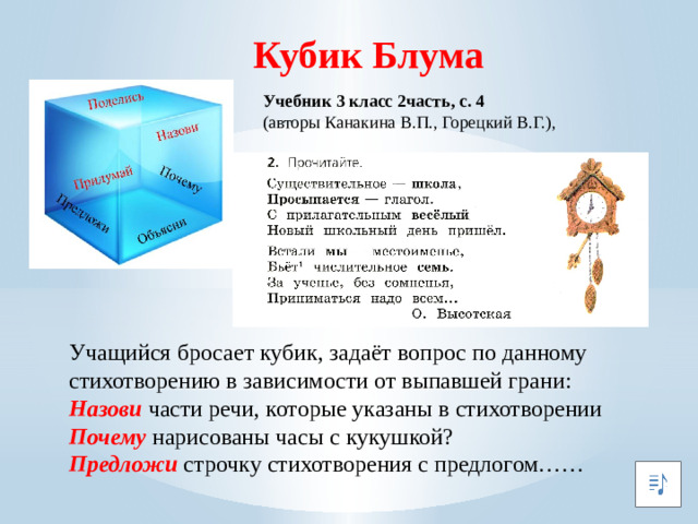Кубик Блума Учебник 3 класс 2часть, с. 4 (авторы Канакина В.П., Горецкий В.Г.), Учащийся бросает кубик, задаёт вопрос по данному стихотворению в зависимости от выпавшей грани: Назови части речи, которые указаны в стихотворении Почему нарисованы часы с кукушкой? Предложи строчку стихотворения с предлогом……
