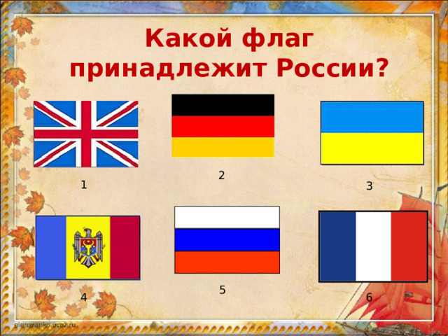 Какой флаг принадлежит России? 2 1 3 5 4 6