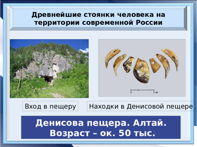 Древнейшие стоянки человека на территории современной России Вход в пещеру Находки в Денисовой пещере Денисова пещера. Алтай.  Возраст – ок. 50 тыс.