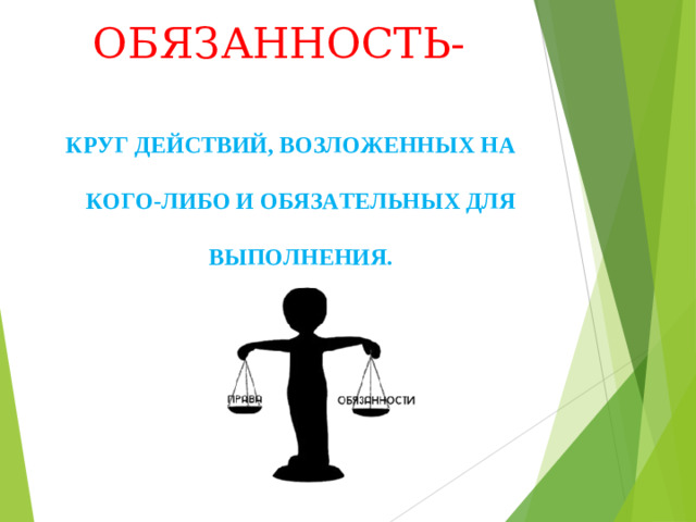 ОБЯЗАННОСТЬ-  КРУГ ДЕЙСТВИЙ, ВОЗЛОЖЕННЫХ НА КОГО-ЛИБО И ОБЯЗАТЕЛЬНЫХ ДЛЯ ВЫПОЛНЕНИЯ.