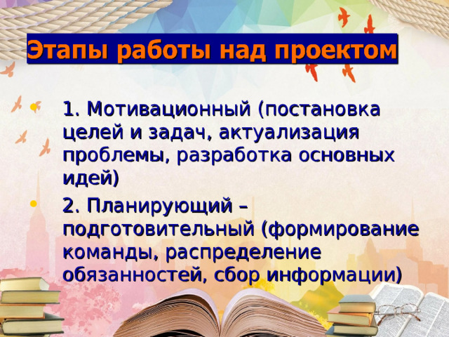 1 . Мотивационный (постановка целей и задач, актуализация проблемы, разработка основных идей) 2. Планирующий – подготовительный (формирование команды, распределение обязанностей, сбор информации)