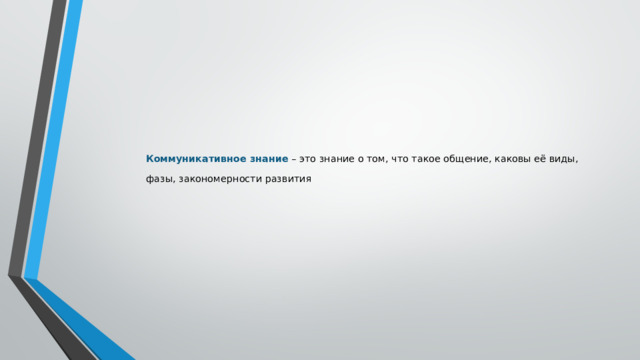 Коммуникативное знание  – это знание о том, что такое общение, каковы её виды, фазы, закономерности развития