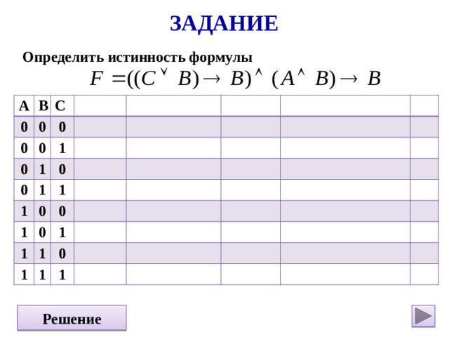 Задание Определить истинность формулы А 0 В 0 0 С 0 0 0 1 1 0 0 1 1 0 1 1 1 0 0 1 1 1 0 1 1 Решение