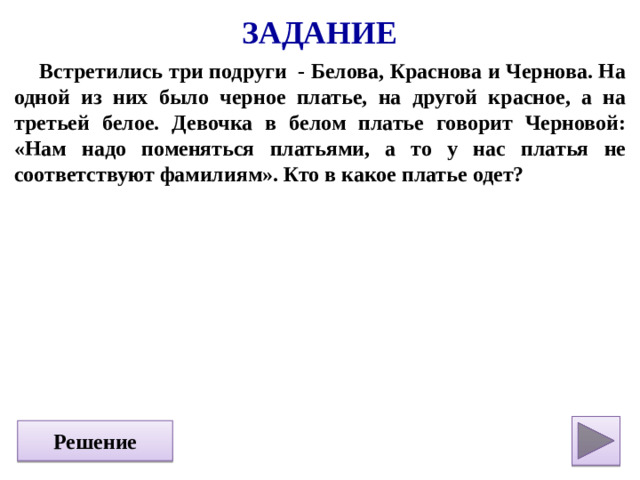 Задание Встретились три подруги - Белова, Краснова и Чернова. На одной из них было черное платье, на другой красное, а на третьей белое. Девочка в белом платье говорит Черновой: «Нам надо поменяться платьями, а то у нас платья не соответствуют фамилиям». Кто в какое платье одет?  Решение