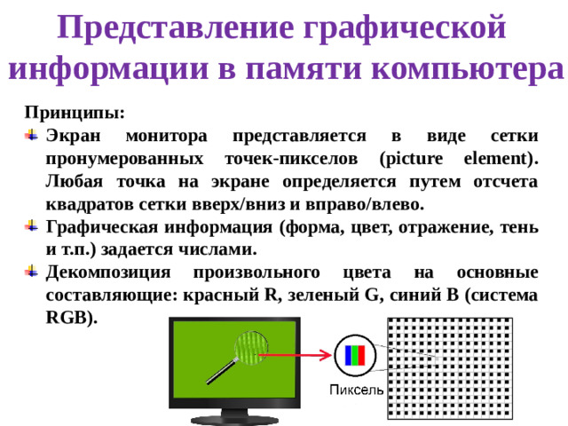 Представление графической информации в памяти компьютера Принципы: