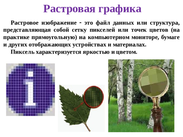 Растровая графика Растровое изображение  это файл данных или структура, представляющая собой сетку пикселей или точек цветов (на практике прямоугольную) на компьютерном мониторе, бумаге и других отображающих устройствах и материалах. Пиксель характеризуется яркостью и цветом.