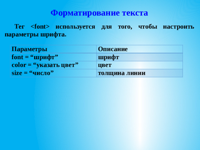 Форматирование текста Тег  используется для того, чтобы настроить параметры шрифта.  Параметры Описание font = “шрифт” шрифт color = “указать цвет” цвет size = “число” толщина линии