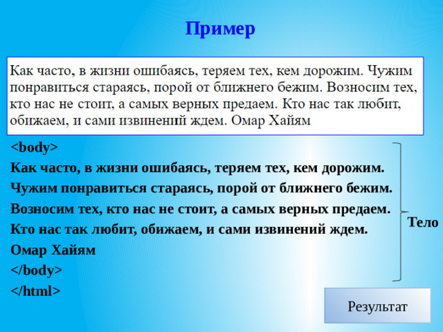 Пример    стихотворение    Как часто, в жизни ошибаясь, теряем тех, кем дорожим. Чужим понравиться стараясь, порой от ближнего бежим. Возносим тех, кто нас не стоит, а самых верных предаем. Кто нас так любит, обижаем, и сами извинений ждем. Омар Хайям     Голова, заголовок Тело Результат