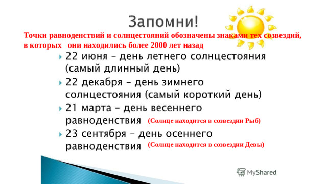 Точки равноденствий и солнцестояний обозначены знаками тех созвездий, в которых они находились более 2000 лет назад (Солнце находится в созвездии Рыб) (Солнце находится в созвездии Девы)