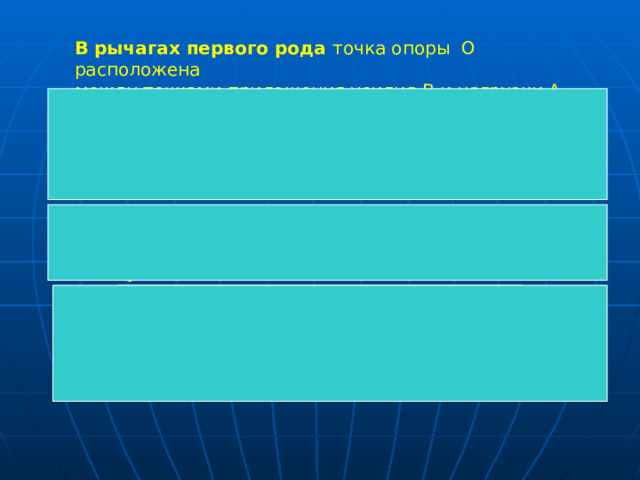 В рычагах первого рода точка опоры O расположена между точками приложения усилия B и нагрузки A . O B A F 1 F 2 В рычагах второго рода точка опоры O и точка приложения усилия B находятся на противоположных концах, а точка приложения нагрузки A расположена между ними F 2 O A B F 1