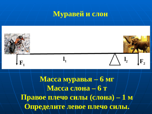 Муравей и слон l 1 l 2 F 2 F 1 Масса муравья – 6 мг Масса слона – 6 т Правое плечо силы (слона) – 1 м Определите левое плечо силы.