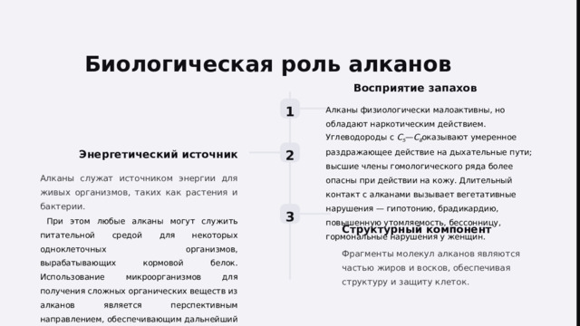 Биологическая роль алканов Восприятие запахов Алканы физиологически малоактивны, но обладают наркотическим действием. Углеводороды с  С 5 — С 8 оказывают умеренное раздражающее действие на дыхательные пути; высшие члены гомологического ряда более опасны при действии на кожу. Длительный контакт с алканами вызывает вегетативные нарушения — гипотонию, брадикардию, повышенную утомляемость, бессонницу, гормональные нарушения у женщин. 1 2 Энергетический источник Алканы служат источником энергии для живых организмов, таких как растения и бактерии.  При этом любые алканы могут служить питательной средой для некоторых одноклеточных организмов, вырабатывающих кормовой белок. Использование микроорганизмов для получения сложных органических веществ из алканов является перспективным направлением, обеспечивающим дальнейший прогресс человечества. 3  Структурный компонент Фрагменты молекул а лкан ов  являются частью жиров и восков, обеспечивая структуру и защиту клеток.