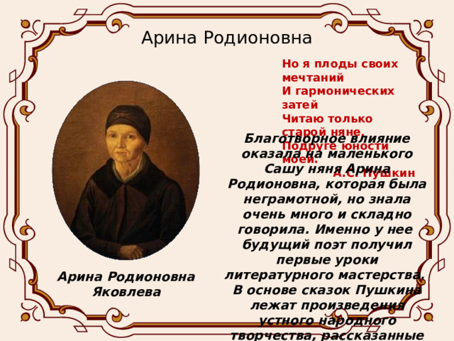 Арина Родионовна Но я плоды своих мечтаний И гармонических затей Читаю только старой няне, Подруге юности моей. А.С. Пушкин Благотворное влияние оказала на маленького Сашу няня Арина Родионовна, которая была неграмотной, но знала очень много и складно говорила. Именно у нее будущий поэт получил первые уроки литературного мастерства. В основе сказок Пушкина лежат произведения устного народного творчества, рассказанные Ариной Родионовной. Арина Родионовна Яковлева