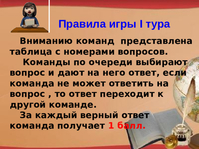 Правила игры I тура  Вниманию команд представлена таблица с номерами вопросов.   Команды по очереди выбирают вопрос и дают на него ответ, если команда не может ответить на вопрос , то ответ переходит к другой команде.  За каждый верный ответ команда получает 1 балл. http://pedsovet.su/load/321