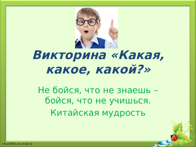 Викторина «Какая, какое, какой?» Не бойся, что не знаешь – бойся, что не учишься. Китайская мудрость