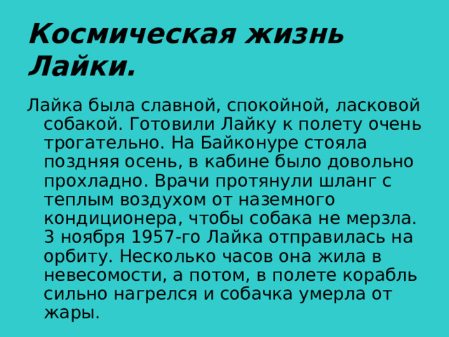 Космическая жизнь Лайки. Лайка была славной, спокойной, ласковой собакой. Готовили Лайку к полету очень трогательно. На Байконуре стояла поздняя осень, в кабине было довольно прохладно. Врачи протянули шланг с теплым воздухом от наземного кондиционера, чтобы собака не мерзла.  3 ноября 1957-го Лайка отправилась на орбиту. Несколько часов она жила в невесомости, а потом, в полете корабль сильно нагрелся и собачка умерла от жары.