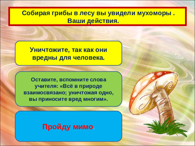 Собирая грибы в лесу вы увидели мухоморы .  Ваши действия. Уничтожите, так как они вредны для человека. Оставите, вспомните слова учителя: «Всё в природе взаимосвязано; уничтожая одно, вы приносите вред многим». Пройду мимо .