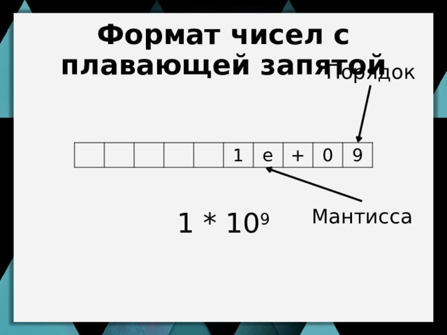 Формат чисел с плавающей запятой Порядок 1 * 10 9 1 е + 0 9 Мантисса На калькуляторе к максимальному количеству девяток + 1 и видим 1е+16 е – умножить на 10 в степени